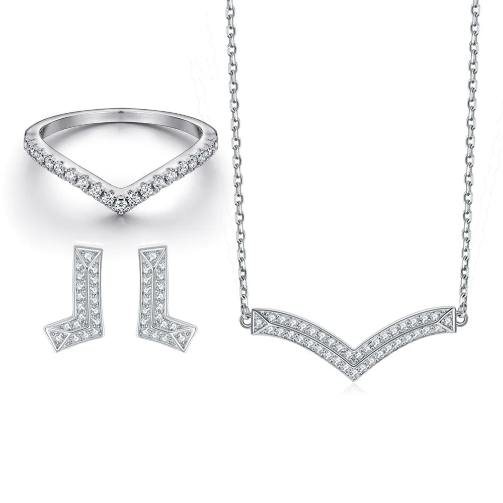 Fashion Silver Jewelry Set Rhodium Plated Crossover Shaped Necklace Ring Earrings 925 Sterling Silver Jewelry Set