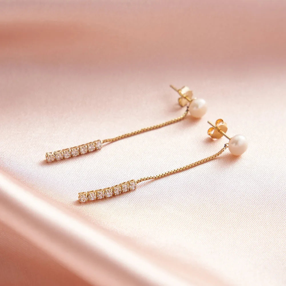 RINNTIN GPE112 Fashion 925 Sterling Silver Statement Earrings Freshwater Pearl Zircon Tassel Chain Earrings for Women