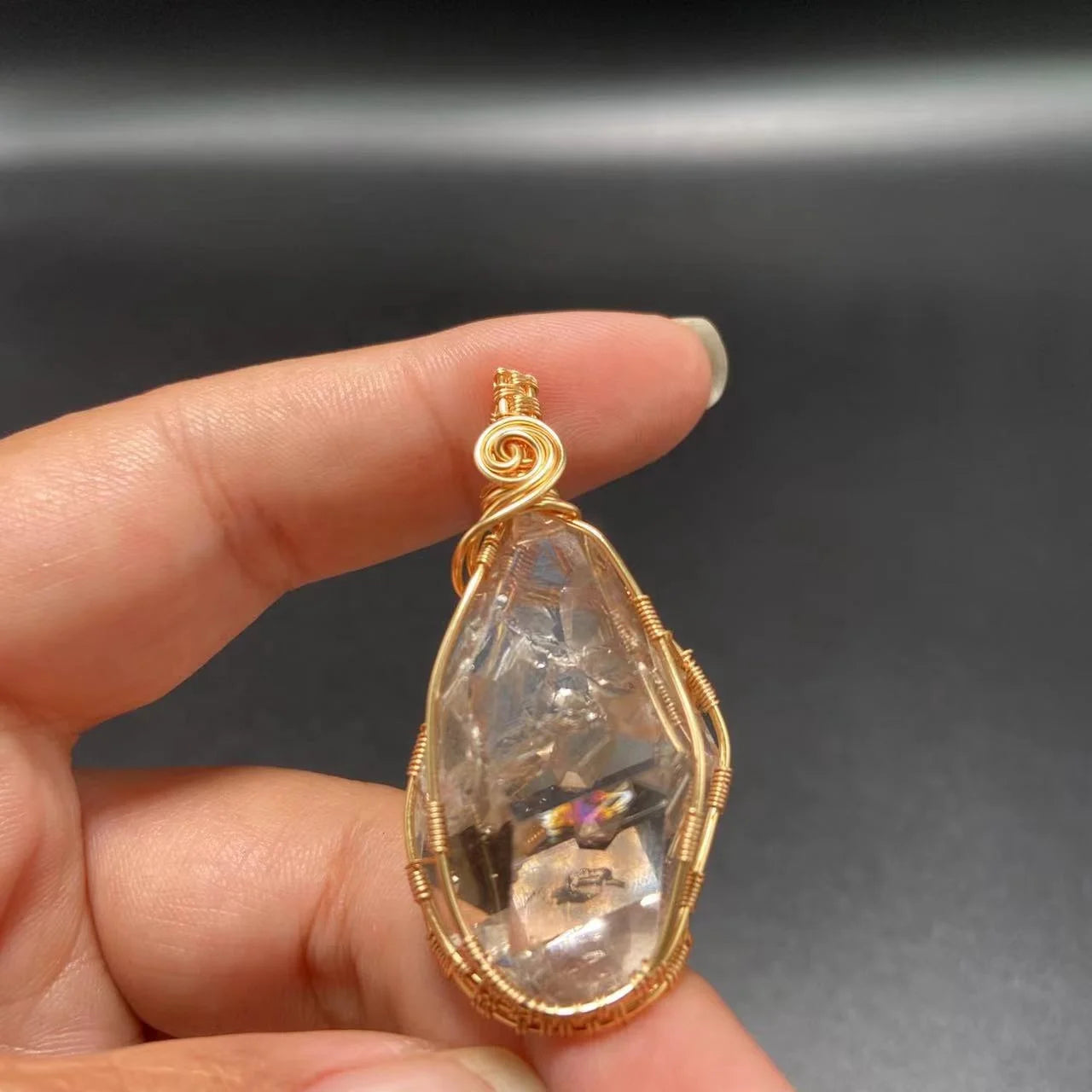Hand Made Vintage  Wire Wrapped Natural Spiritual  Crystal Healing Stone Fine Jewelry  Big Natural Herkimer Pendant