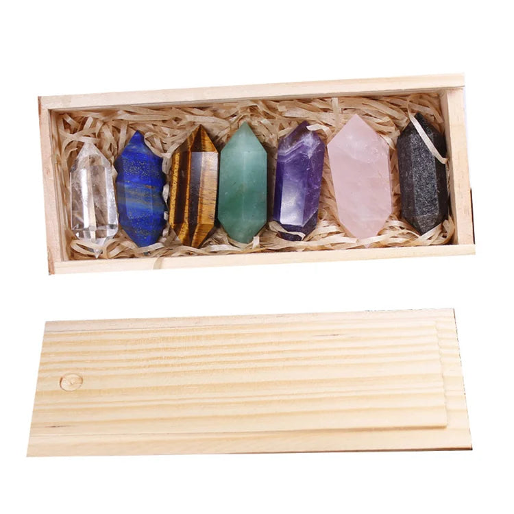 Natural Crystal Healing Set 7 Chakra Stone Kit Yoga Meditation Set Chakras Crystals Healing Therapy Stones Set with Wooden Box