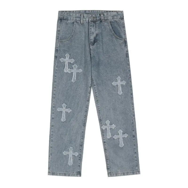 Fitspi National Fashion High Street Cross Patchwork Jeans Men's Fashion Hip Hop Straight Loose Wide-leg Pants