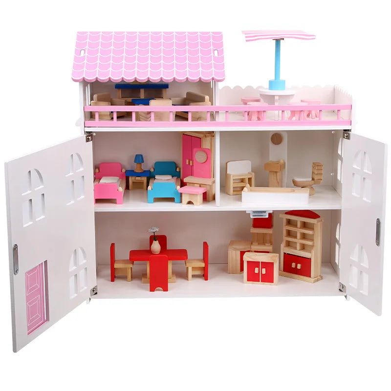 COMMIKI Pink Two-door Role Play Princess Doll House Doll House in Indoor Park Modern Doll House for Girls