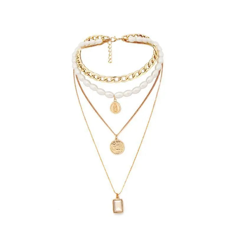 Fashion Multilayer Set Necklace Geometric Metal Alloy Stars Pendant Necklace for Women and Girls
