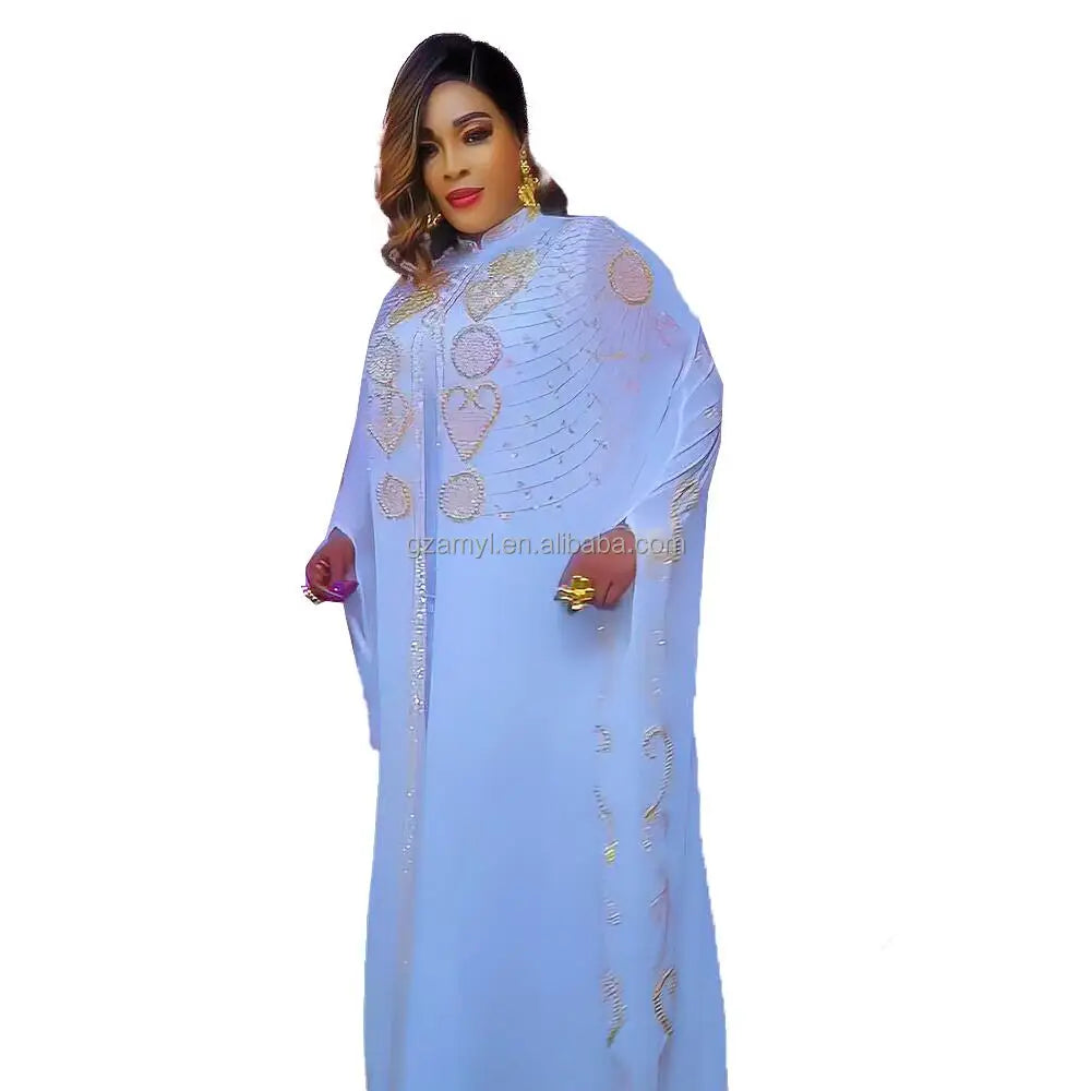 Hot Sale Two-piece Dress Ghana African Dress Designs Rhinestone Boubou Clothing Chiffon Boubou Marocain