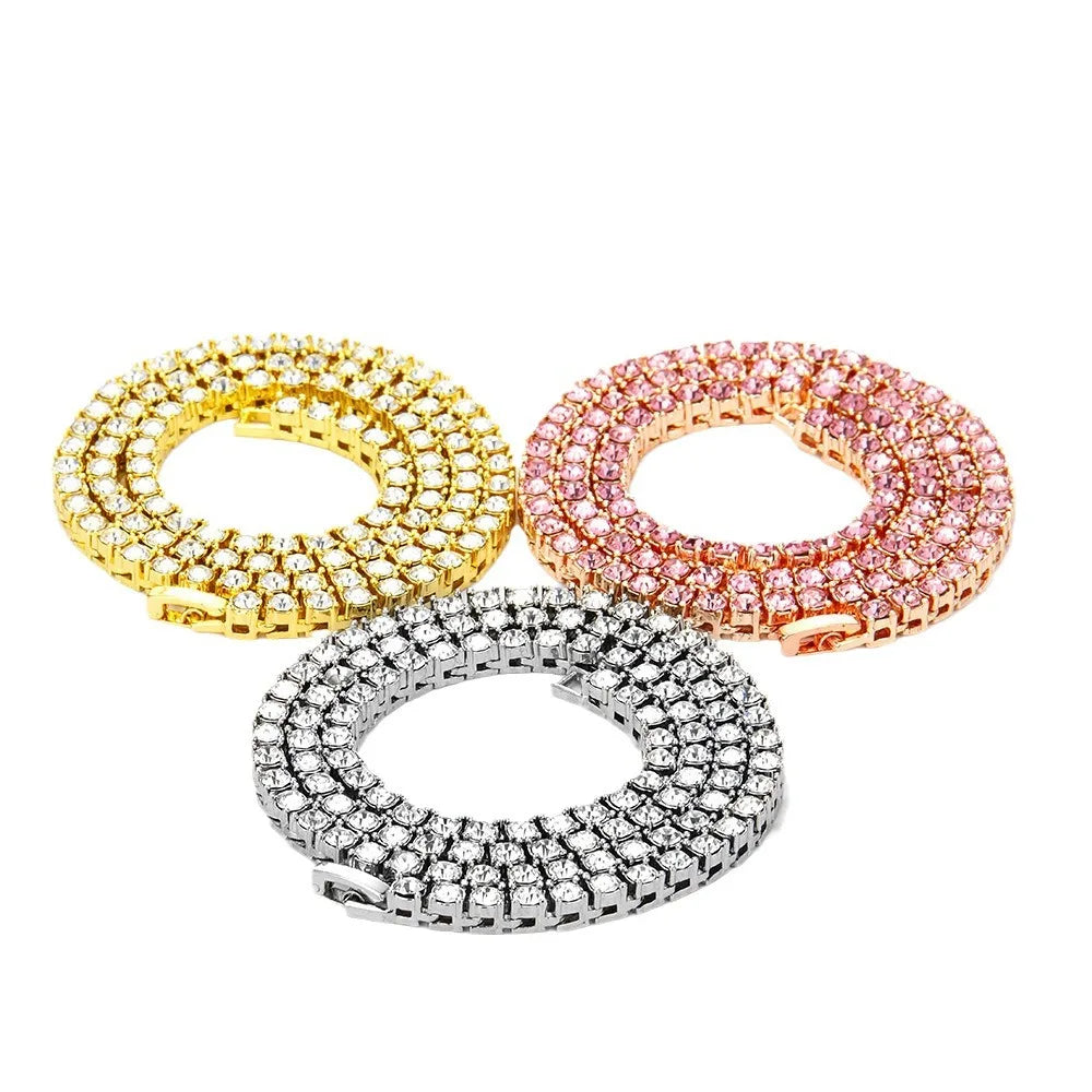Europe America Men Women Hip Hop Necklace with 5mm Alloy Rhinestones Simple Matching Gold Silver Tennis Chain for Collar