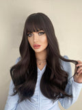 Curly Wig with Bangs Natural Black Wig Long for Women Dark Brown Long Wavy Synthetic Wig Factory 26 Inch Daily Hair Pelucas