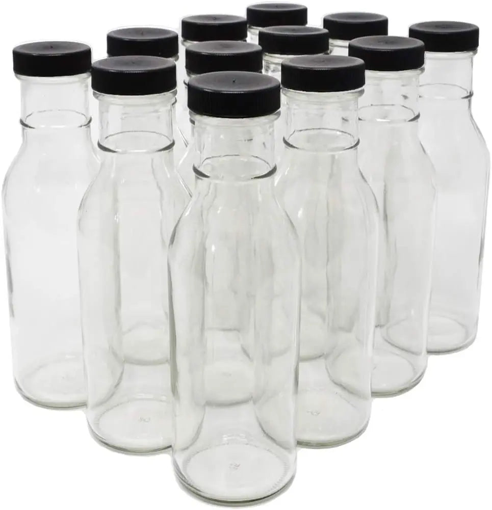 Nicebottles Clear Glass Beverage/Sauce Bottles 8OZ 12 Oz 16OZ with Black/White Screw Cap for Storage and Preservation