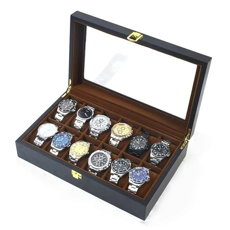 Luxury 12-Slot Wooden Lacquered Wrist Watch Box Presentation Case with Comfortable Cushions