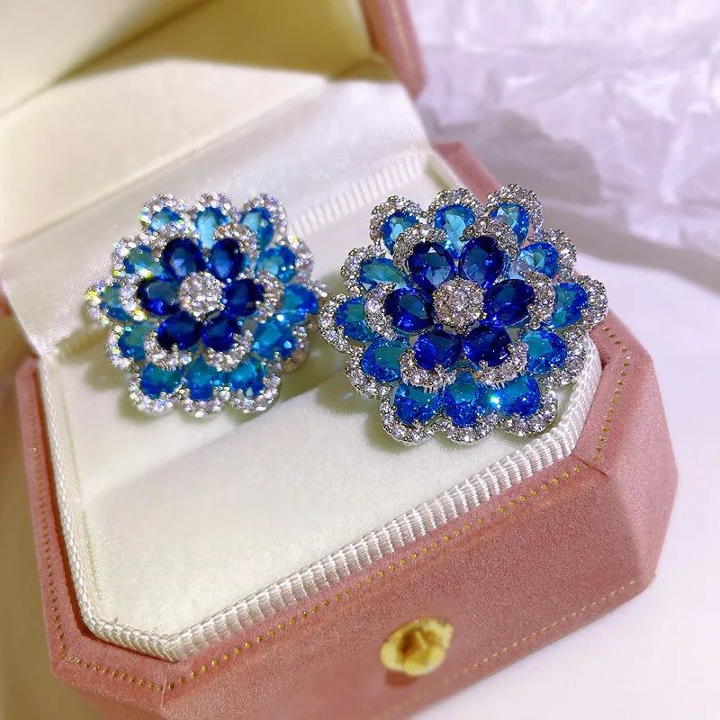 French Vintage Double Layer Stereo Inlay Zircon Blue Flower Stud Earrings Fashion Style Zircon Earrings Jewelry