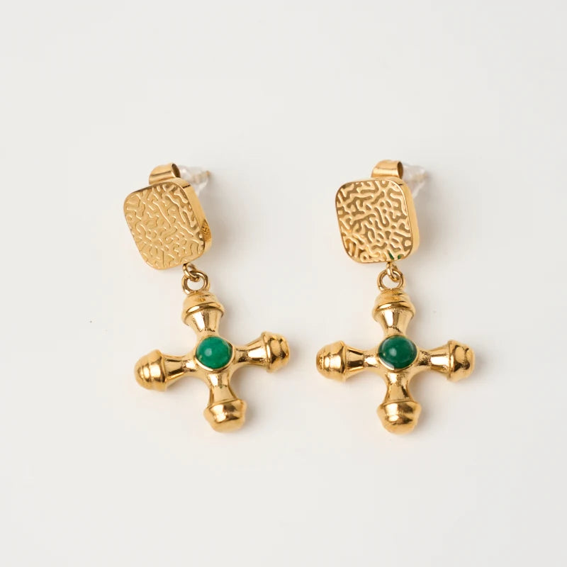 Hypoallergenic Fashion Style Vintage 18K Gold Stainless Steel Cross Pendant Earrings