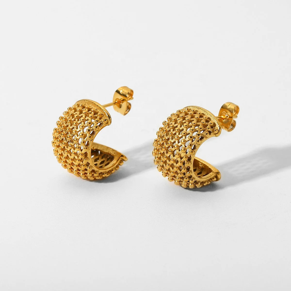 18K Gold Plated Stainless Steel Small Chunky C Shape Grid Hollow  Design Hoop Earrings for Women