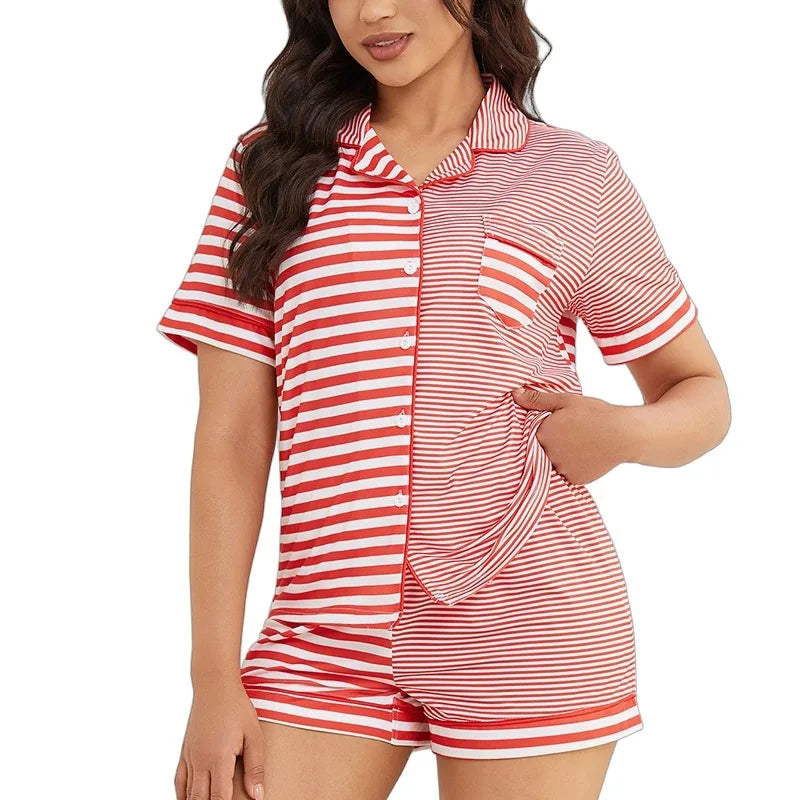 Women's Summer Pajama Set Short Sleeve Breathable Striped Print Sleepwear Wholesale 2pcs Set Sleepwear
