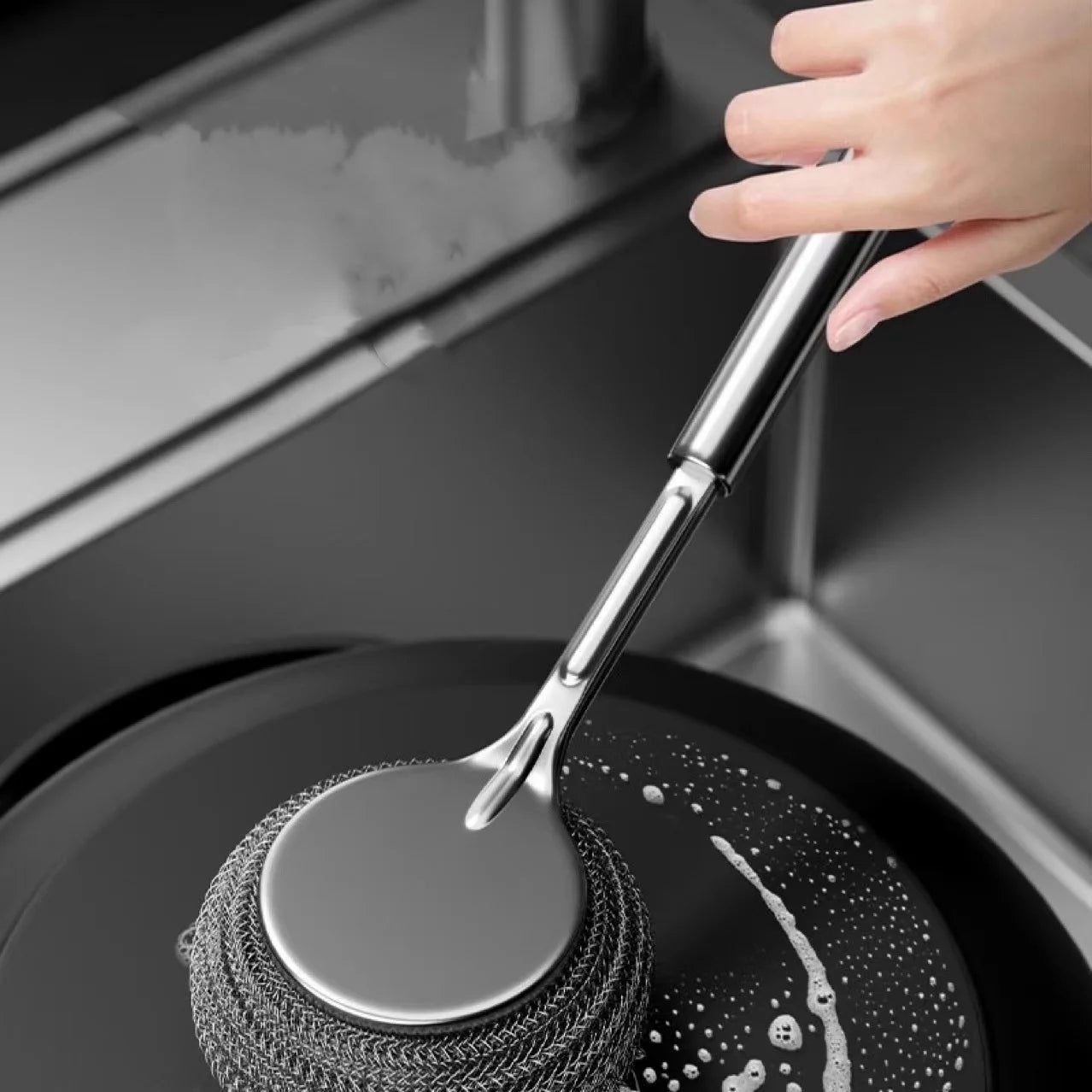 Stainless Steel Wool Scrubber with Handle Specialty Tool for Cleaning Dishes Stock Pots Pans Griddles Grills