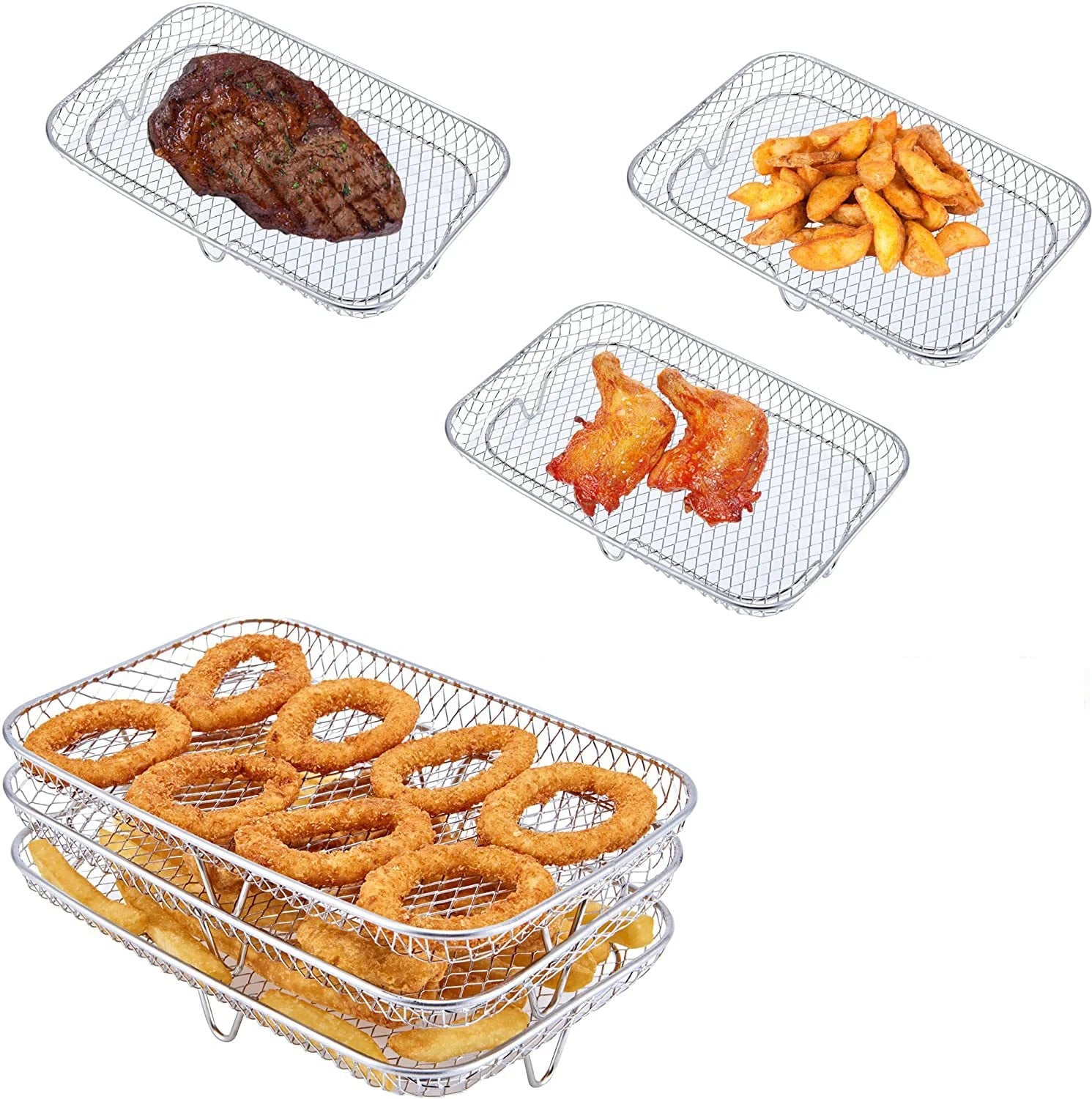 Multi-Layer Stainless Steel Grill Basket Wire Mesh Frying Nesting Grill Compatible Cooking Tool and Storage Racks for Kitchen