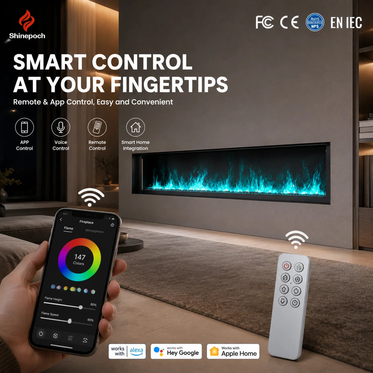 Latest Design 1000mm 3D Realistic Flame Electric Fireplace WiFi Control Water Vapor Fireplace for Apartment Living Room