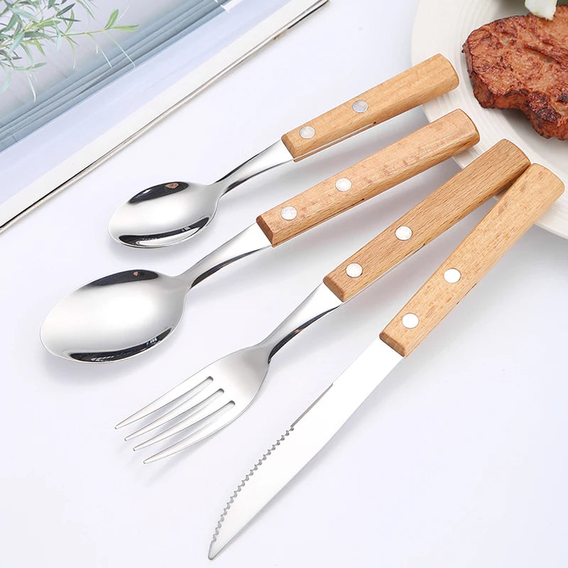 304 Stainless Steel Silver Restaurant Hotel Spoon Fork Flatware Set with Wooden Handle