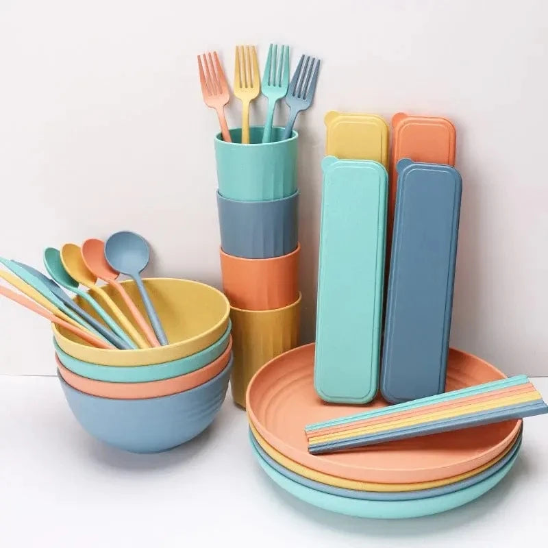 32pcs Premium Wheat Straw Dinnerware Sets Plates Cups and Bowls Eco-Friendly Dinnerware for 4