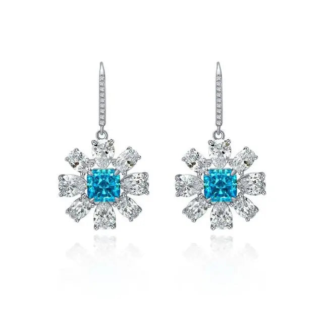 925 Silver Flower Earrings Blue Crystal Zirconia Big Dainty Floral Drop Earrings Statement Charm Earring