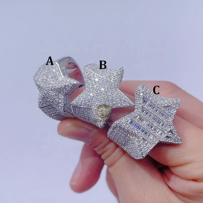 Sterling Silver 925 White Gold Plated Iced Out Hip Hop Men Fashion Vvs Moissanite Star Ring