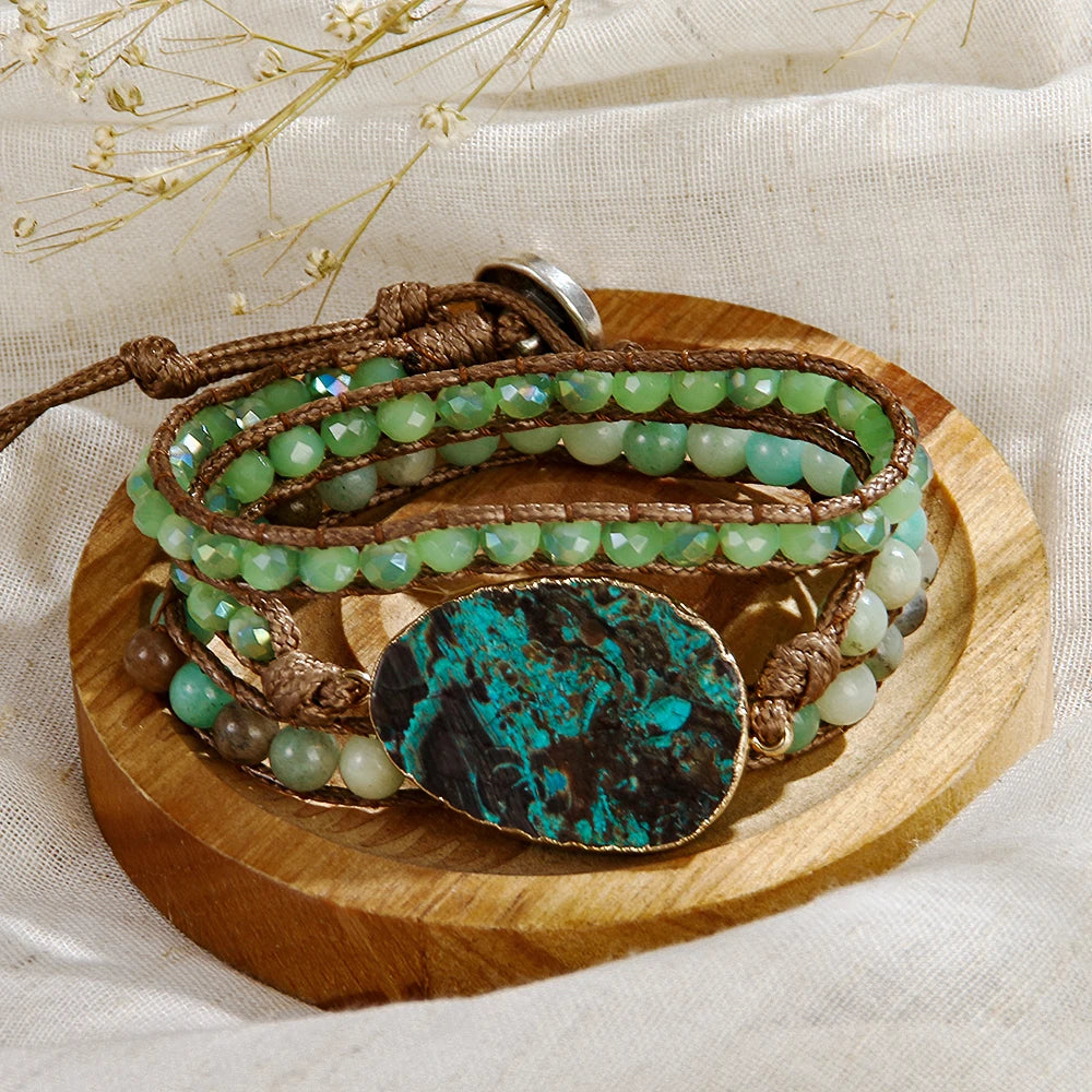 Fashion Women Bohemian Bracelet Handmade Natural Stone Glass Beads Bracelet 3 Row Leather Wrap Bracelet