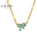 Ason Wholesale Trend Stainless Steel Blue Turquoise Bow Pendant Necklace Side Pressed Sheet Chain Necklace