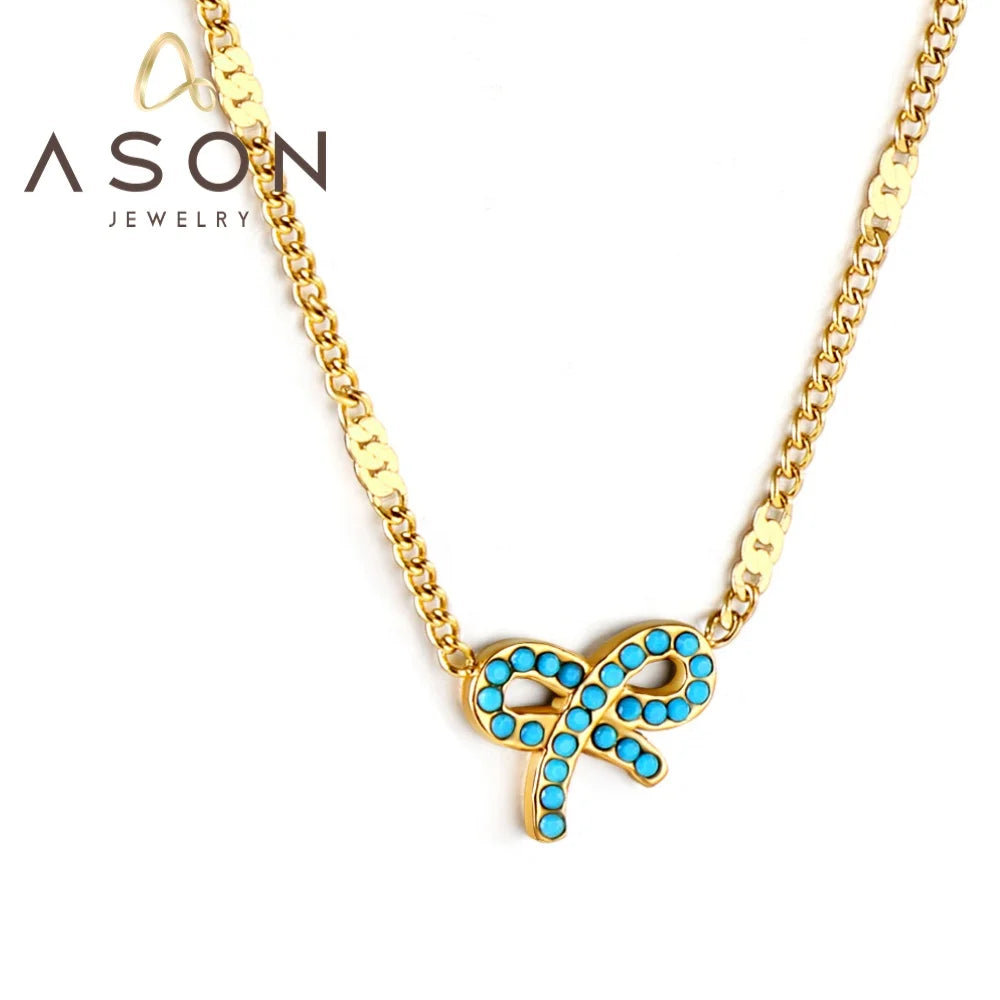 Ason Wholesale Trend Stainless Steel Blue Turquoise Bow Pendant Necklace Side Pressed Sheet Chain Necklace