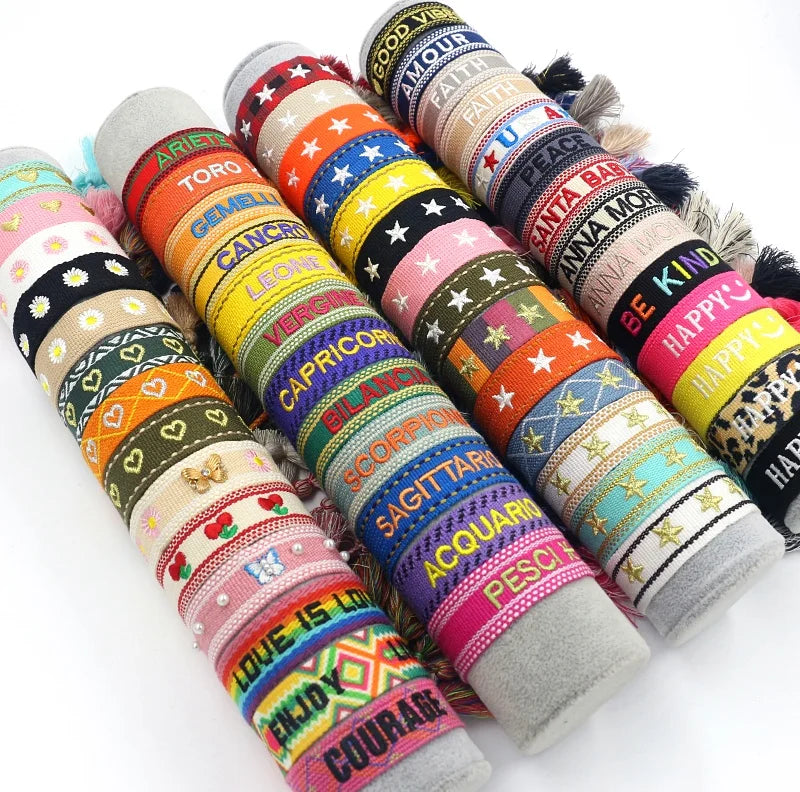Ethnic Jewelry Friendship Bracelet Embroidered Letter LOGO Woven Wristband Adjustable Size Webbing Tassel Bracelets