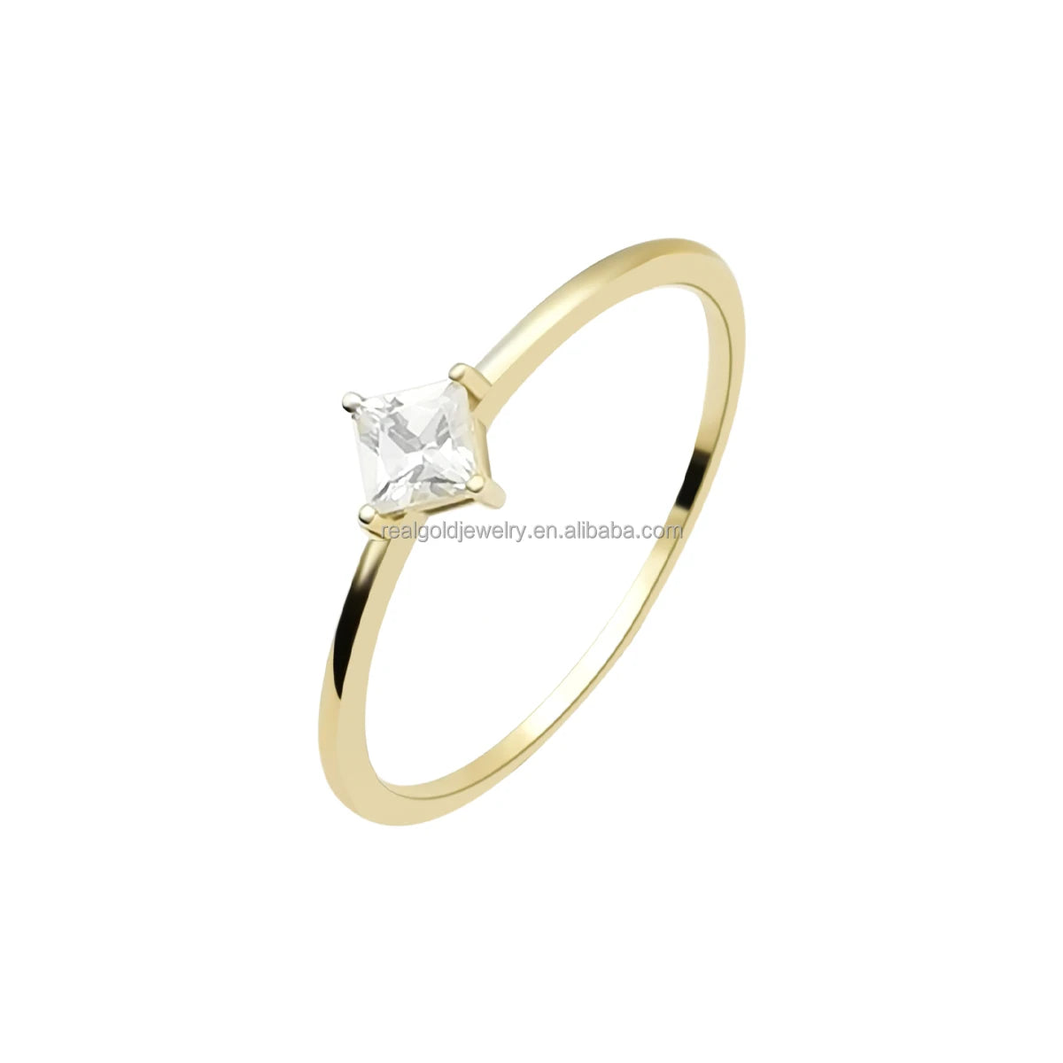 Real 14K Ring Gold Princess Cut Stone Simple Dainty Ring Fine Jewelry Wedding Engagement Finger Ring