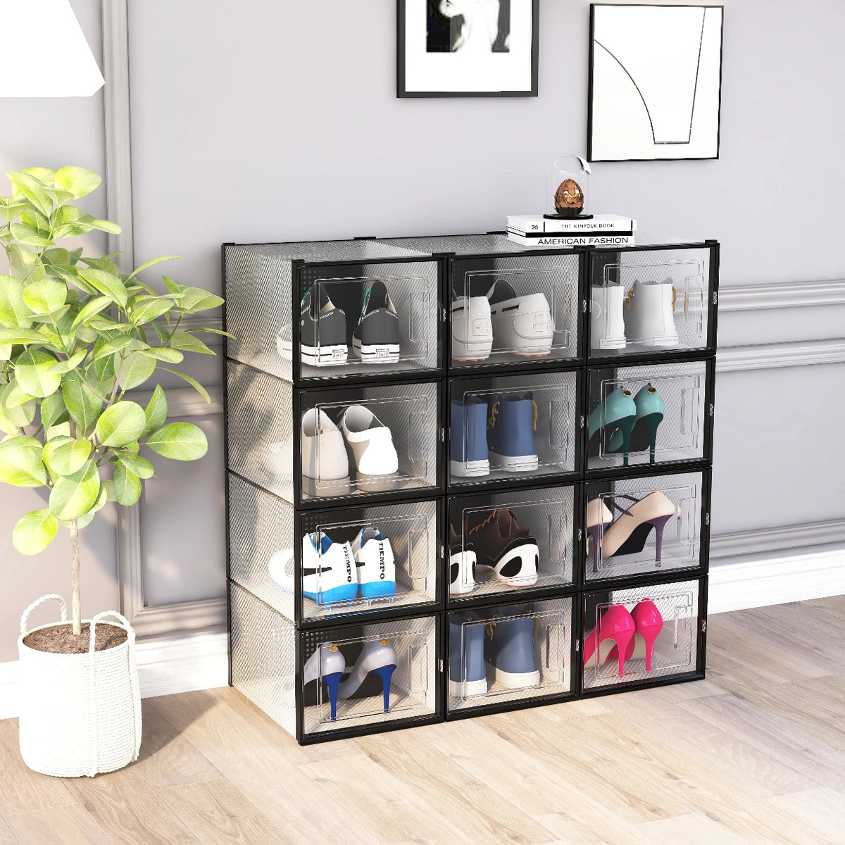 8 Pack Stackable Plastic Closet Storage Box with Side Opening Panel- for Organizing Men's and Women's Shoes MegaBDM