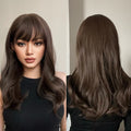 Factory Outlet 24 Inches Synthetic Dark Brown Wig with Bangs for Women Natural Long Water Wavy Hairstyle Heat Resistant Fiber