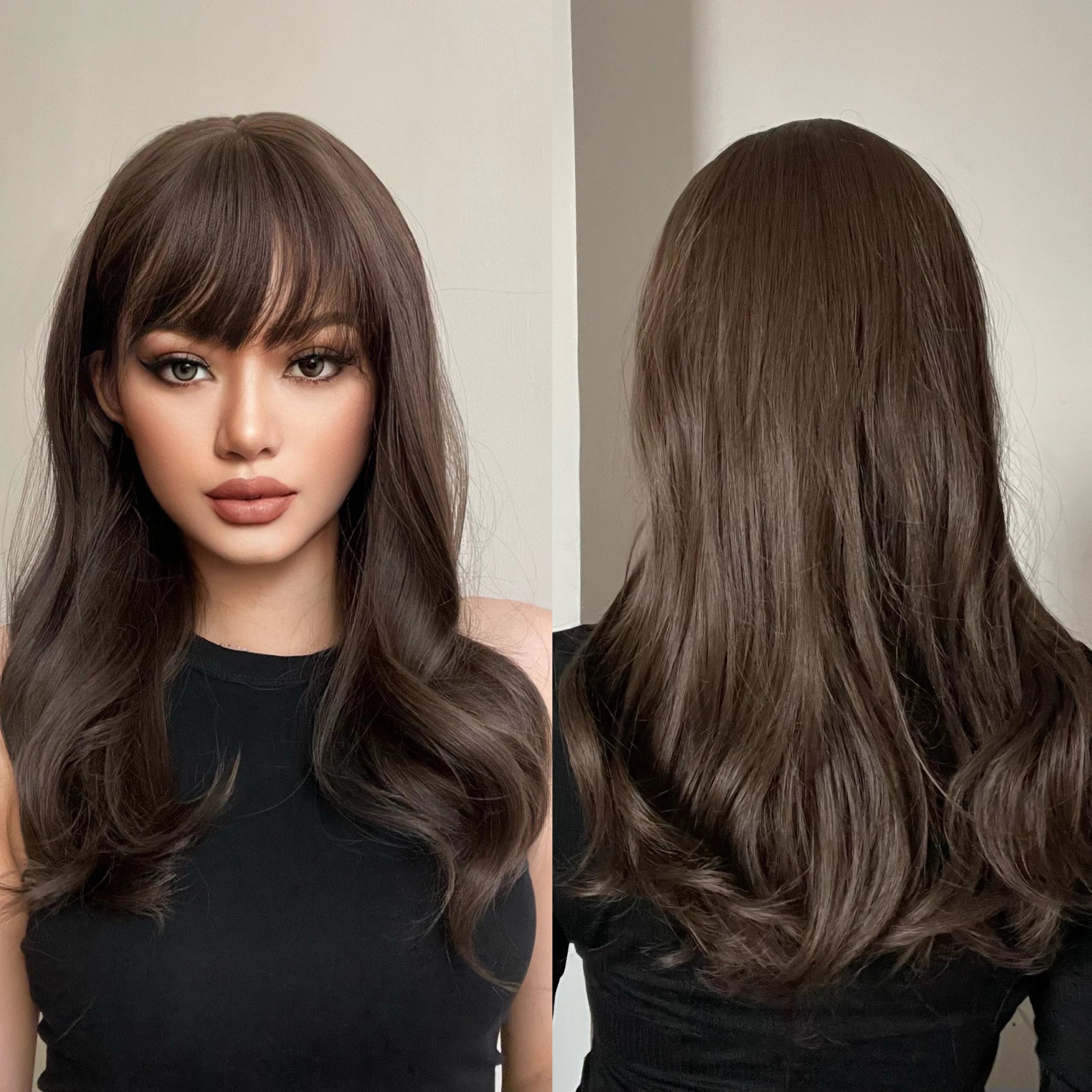 Factory Outlet 24 Inches Synthetic Dark Brown Wig with Bangs for Women Natural Long Water Wavy Hairstyle Heat Resistant Fiber