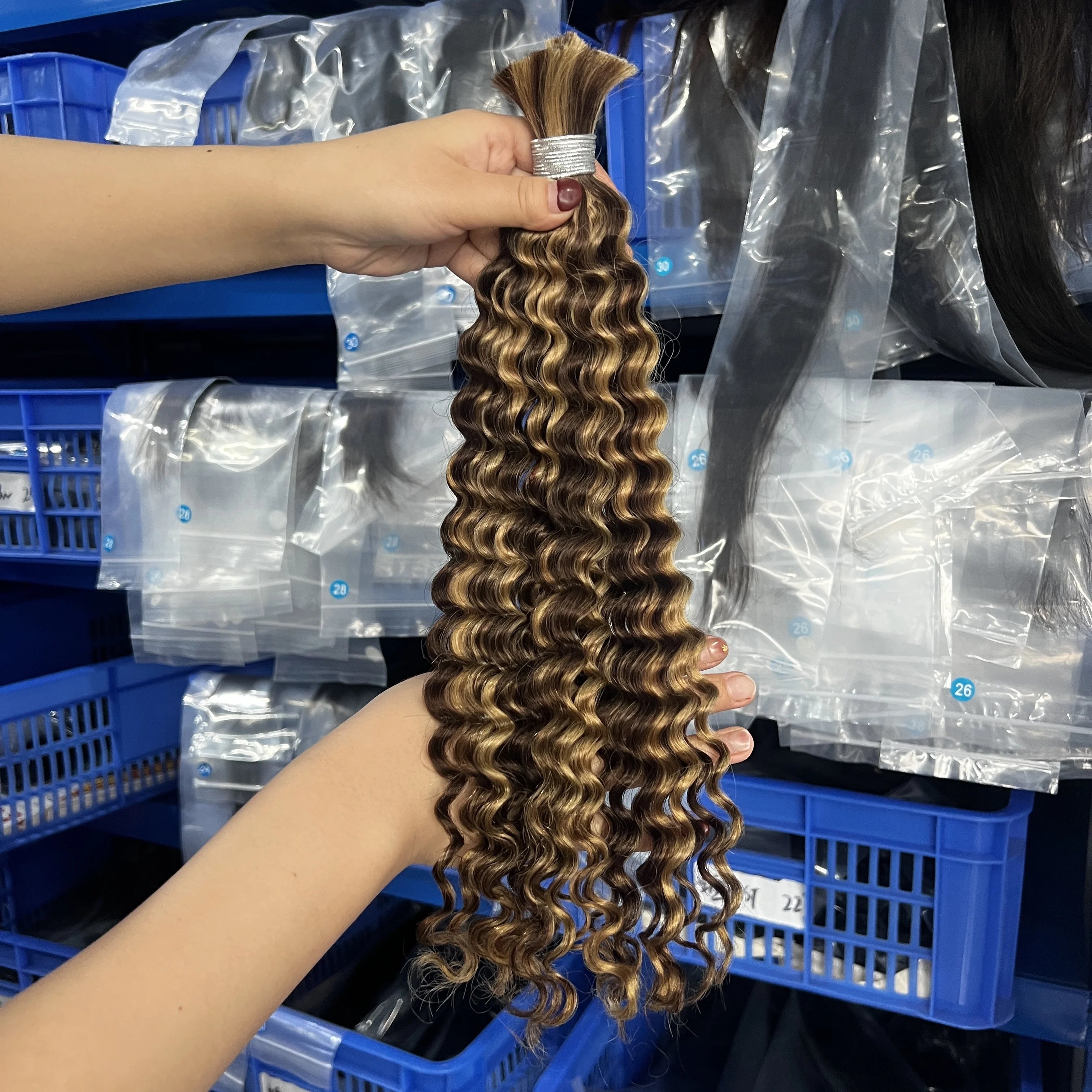 Wholesale African Boho Braids Human Hair Extensions Natural Virgin Deep Water Wave Bulk Hair #4/27 100g Braiding Hair Bundle