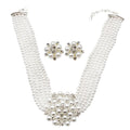 Jachon Stylish Textured Diamond Flower Pearl Ear Clip Necklace Bridal Jewelry Set Necklace