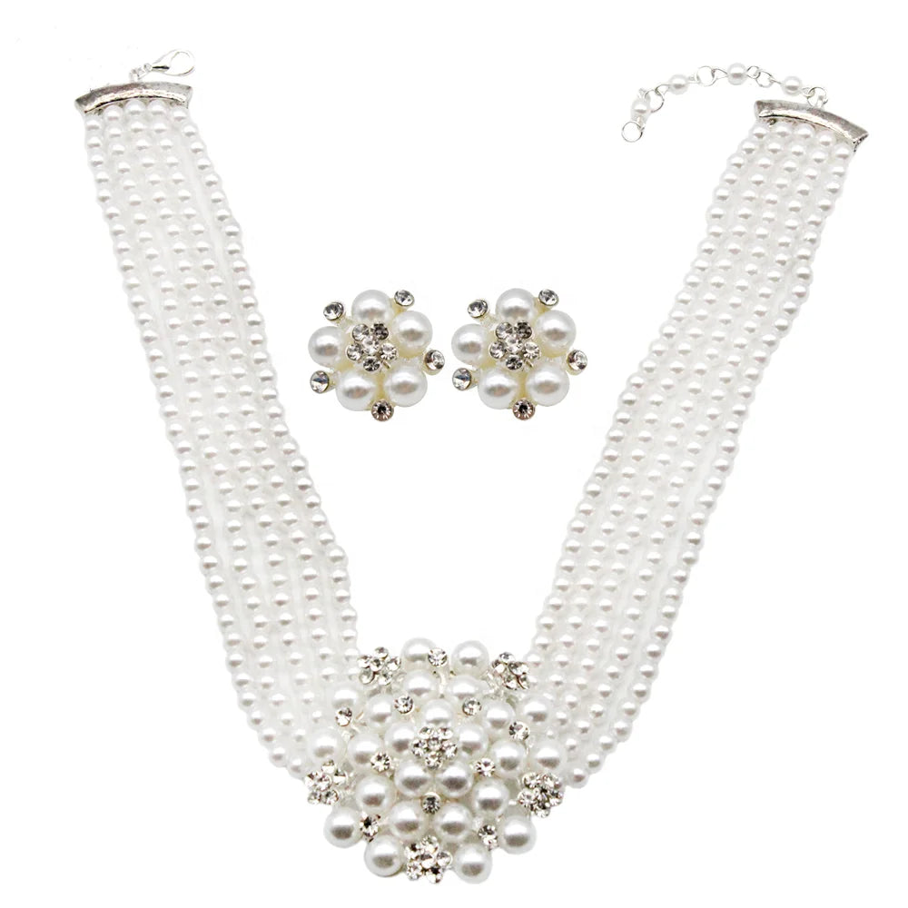 Jachon Stylish Textured Diamond Flower Pearl Ear Clip Necklace Bridal Jewelry Set Necklace