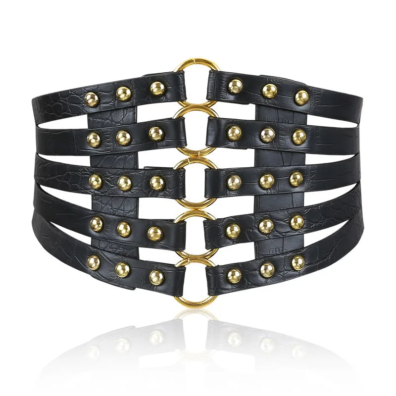 Fashion Women's PU Leather Wide Waist Belt Hollow Out Rivets Stretch Cinch Waistband MegaBDM