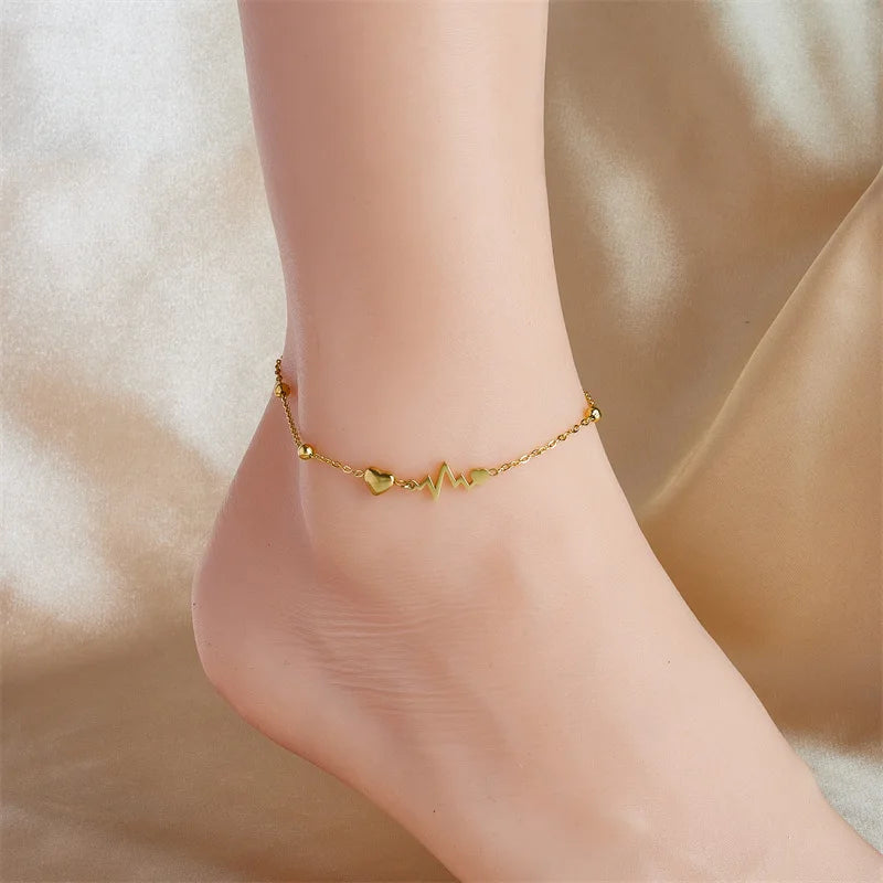 BINSHUO Custom 18K Gold Plating Waterproof Titanium Steel Anklet ECG Love Charm Jewelry for Women Wholesale for Parties