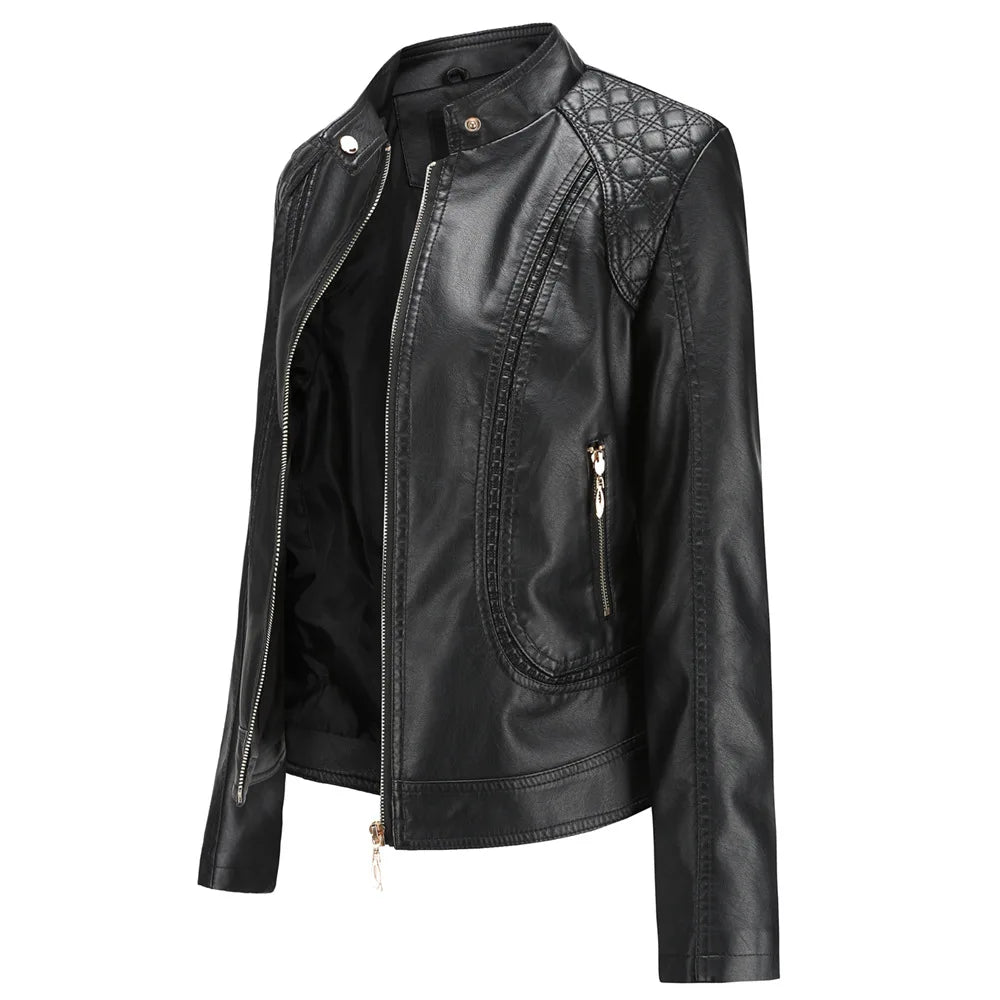 New Leather Jacket Women Spring Autumn OL Stand Collar Motor Biker Coat Pu Outwear Fall Jacket Black Red Female Plus Size Blazer