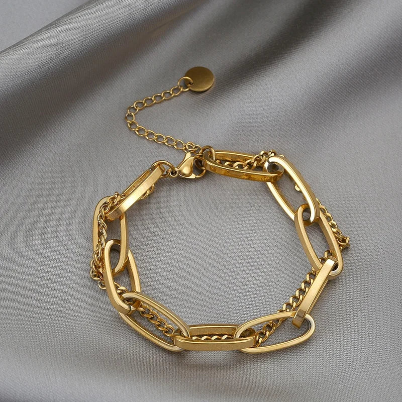 G.T 2022 Cadena Cubana 18K Gold Vacuum Plated Anti-Fade Jewelry Punk 2 Layers Cuban Link Chain and Bracelet