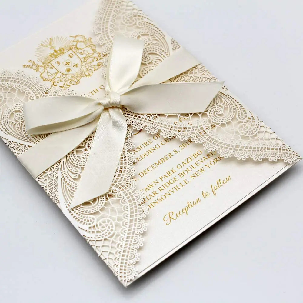 Paper Craft Maker Ivory Laser Cut Lace Wedding Invitations Wraps With Shimmer Insert and Ribbon Bow Elegant Invite Cards