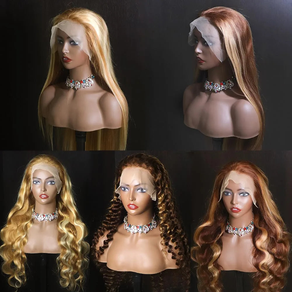 Natrual Blonde Highlights Wig Mix Color Deep Wave Curly Pre Plucked Transparent Lace Front Raw Virgin Human Hair Wig