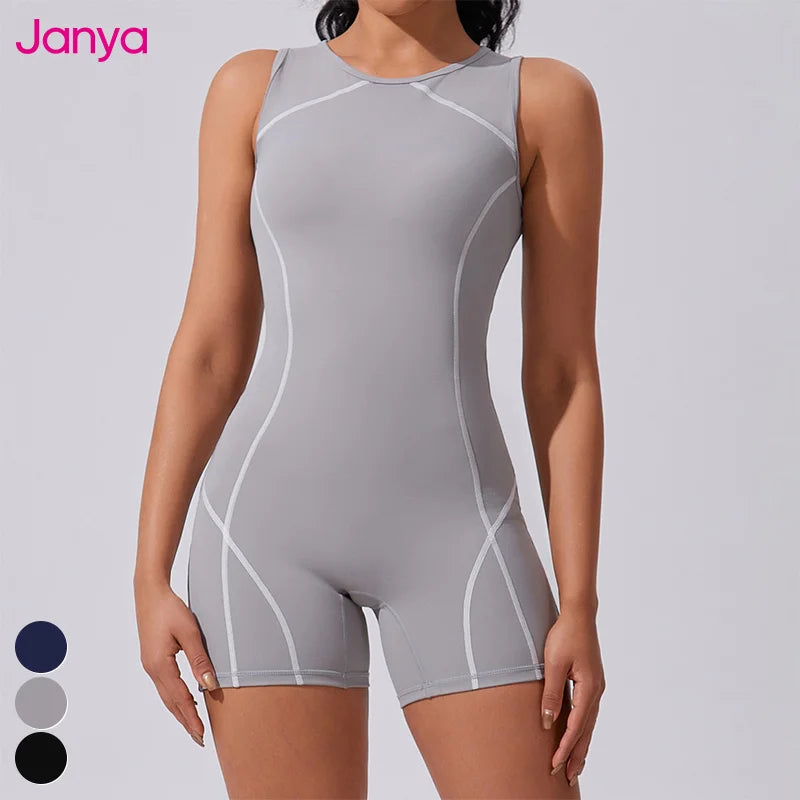 Women's Colour Blocking Sleeveless Gym Fitness Bodysuit Janya Custom Logo Yoga Jumpsuit With Back Zipper Sports Jumpsuit