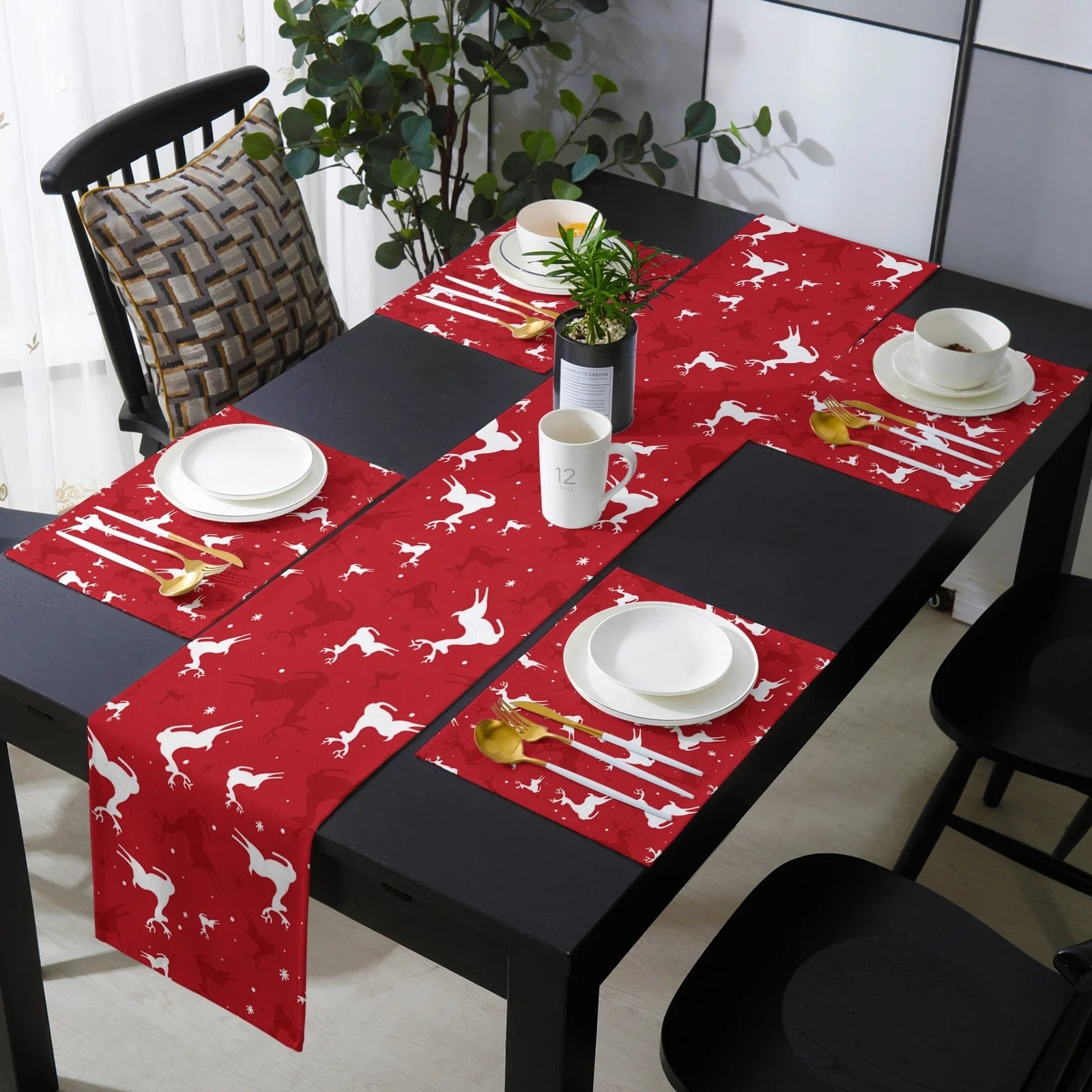 Christmas Table Runner New Year Party Decor Home Red Plaid Dinning Table Runner and Placemat Set