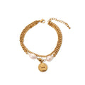 Creative Stainless Steel 18K Cuban Link Chain Double Layers Queen's Head Coin Freshwater Pearls Bracelets for Ladies