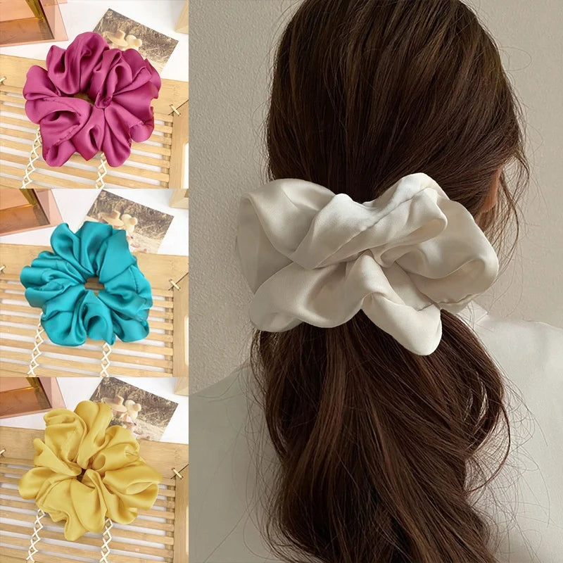 2024 Wholesale Women Fabric Elastic Band Scrunchies Accessories Custom Pure Color Oversized Satin XXL Scrunchies