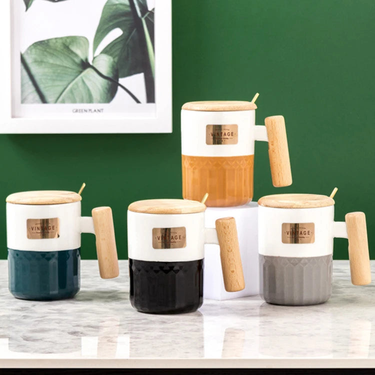 Wholesales Custom Nordic Ceramic Wooden Handle and Lid  Coffee Mug Couple Cup Office Tea Cup with logo