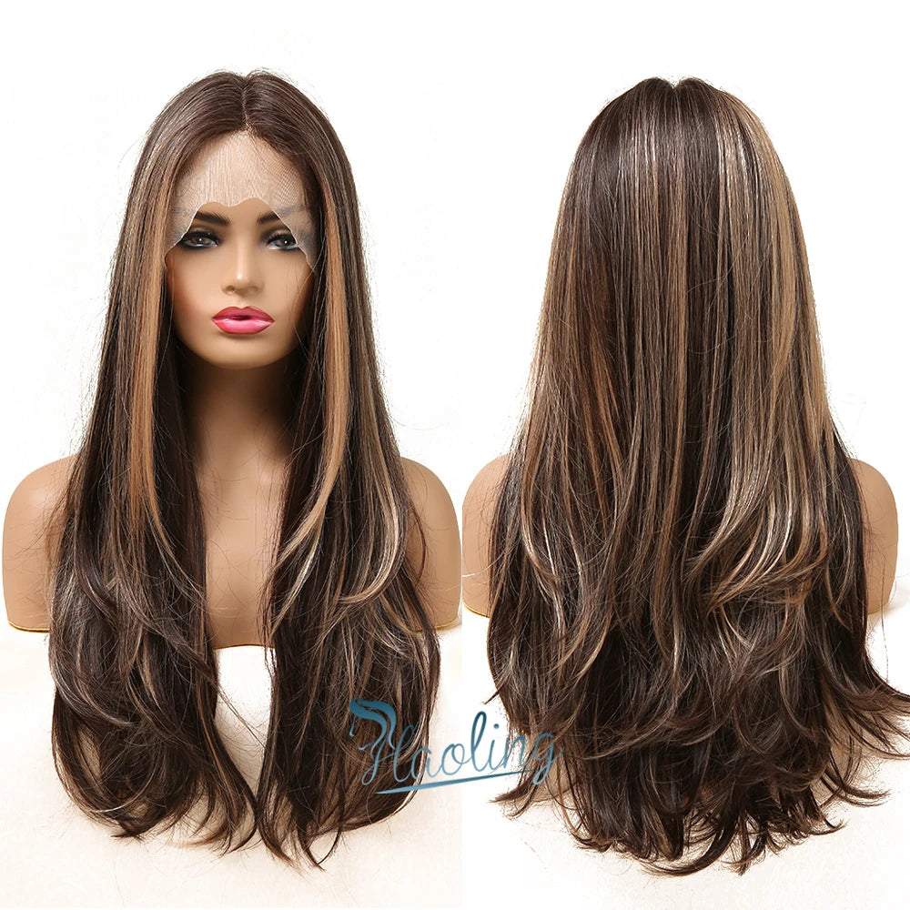 Fast Delivery Synthetic Brown Lace Front Wigs Blonde Highlight Lace Frontal Natural Hair Dropshipping Wholesale Lace Front Wig