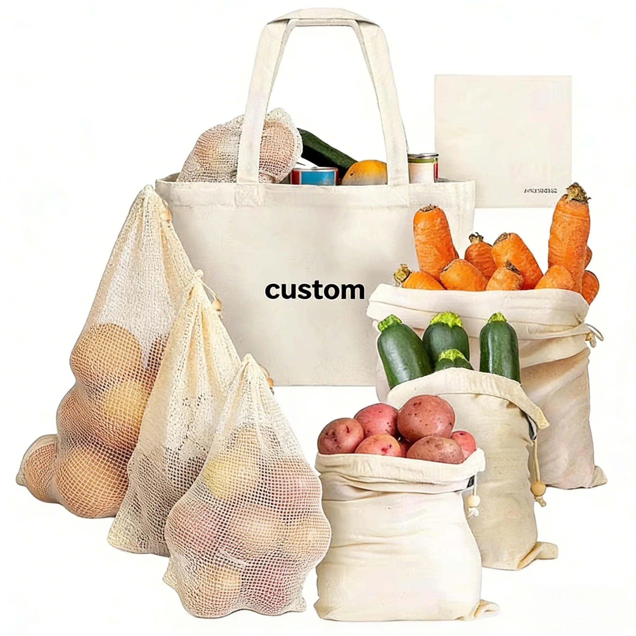 New Eco-Friendly Reusable Canvas Produce Saver Bags Organic Cotton Net Food Storage for Farmers Market Grocery Shopping Set