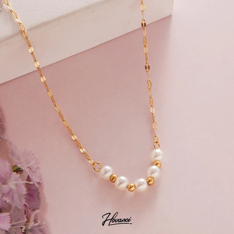 HOVANCI Stainless Steel Women 18k Gold Plated Waterproof Graduated Pearl Bead Choker Link Chain Necklace for Women