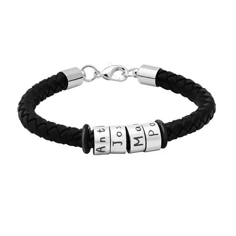 Hot Style American Men's Bracelet Custom Name Alphabet Leather Woven String Stainless Steel Bead Jewelry