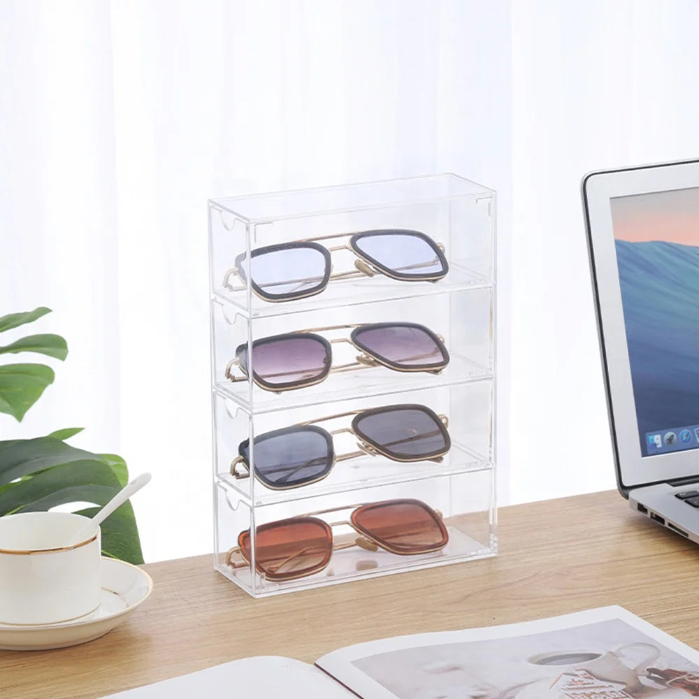 4 Clear PS Divided Drawers Eyeglass Cases Display Sunglasses Organizer Tray Glasses Storage Box